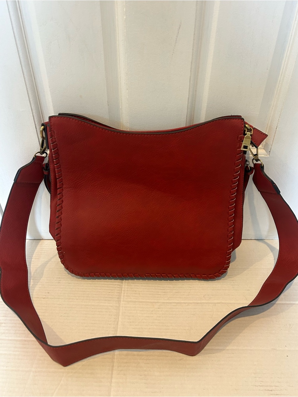 Women's Red/Maroon Leather Shoulder Bag with Whipstitch Detail